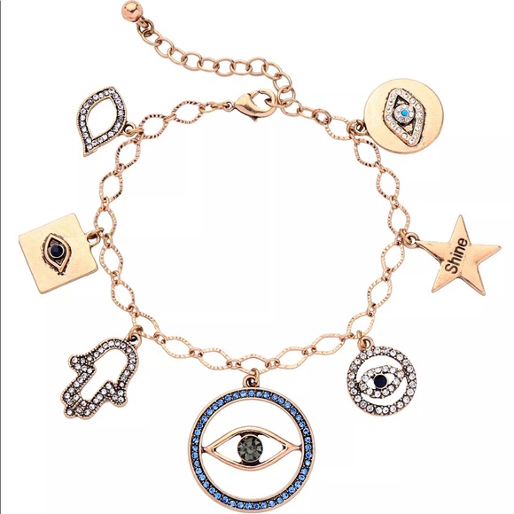 Evil Eye Antique Gold & Rhinestone Charm Bracelet - Picture 4 of 7